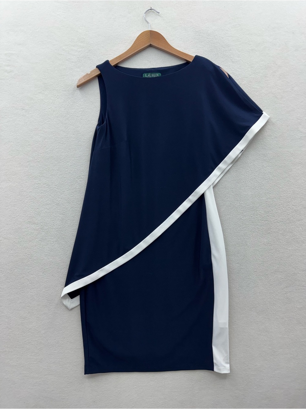 Lauren Ralph Lauren Dress Womens 2 Navy Blue White Asymmetrical Sheath NWT